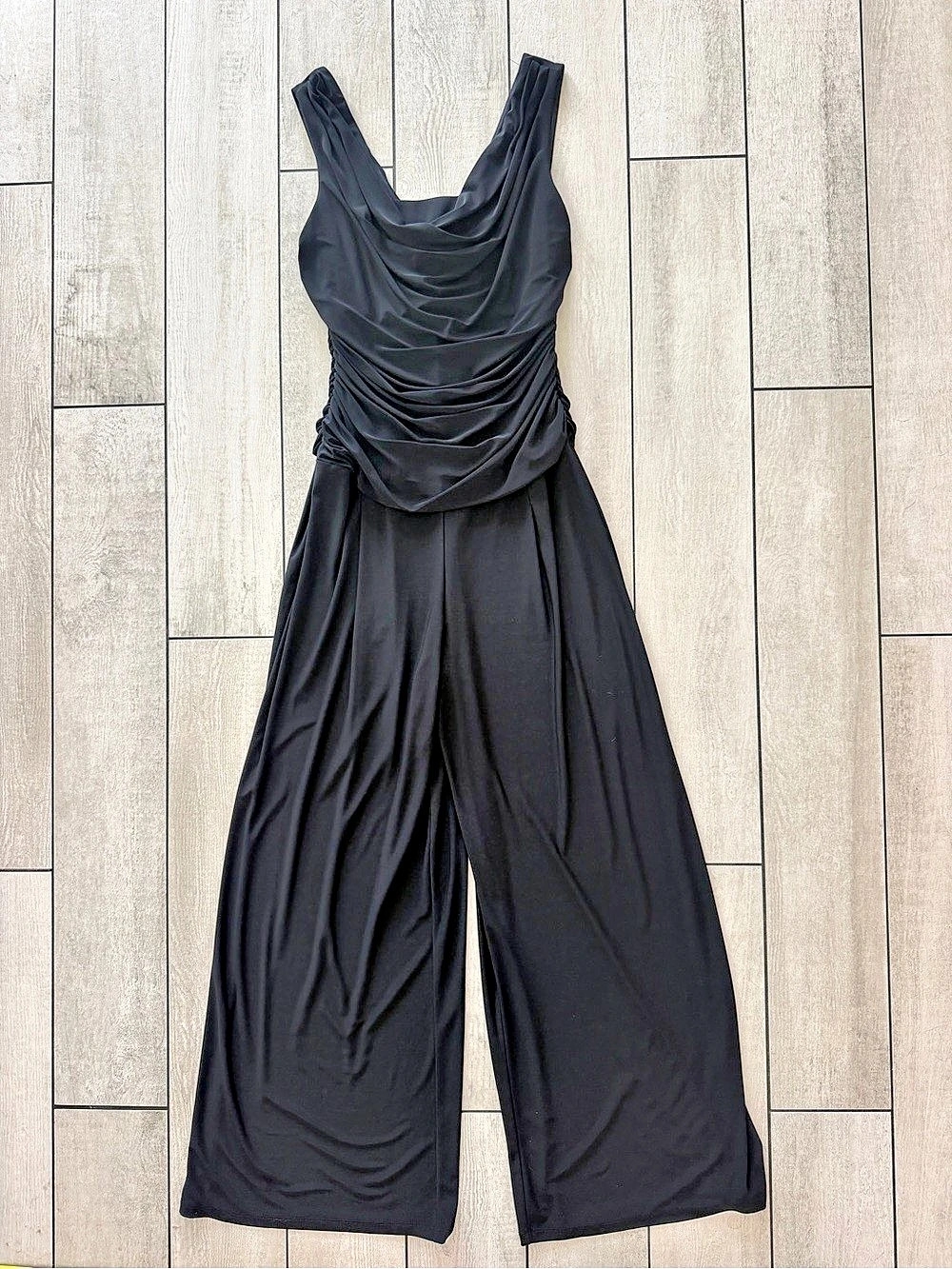R&M Richards Sleeveless Cowl Neck Ruched Wide-Leg Jumpsuit Black Size 12